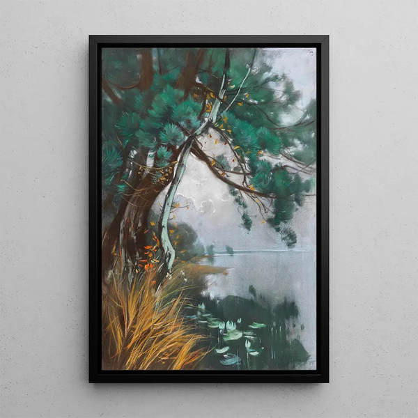 Landscape painting with pines and water lilies Schwielowsee - Karl Hagemeister — framed artwork on a wall