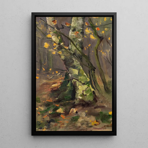 Interior forest painting, birch trunks in the autumn storm - Karl Hagemeister — framed artwork on a wall