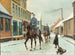 Rue de village avec des dragons et un garçon avec une luge en hiver - Karl Hansen Reistrup — artwork view