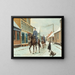 Rue de village avec des dragons et un garçon avec une luge en hiver - Karl Hansen Reistrup — framed artwork on a wall