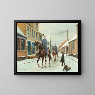 Rue de village avec des dragons et un garçon avec une luge en hiver - Karl Hansen Reistrup — framed artwork on a wall