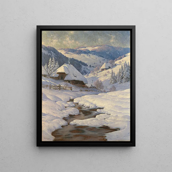 Farms of the Black Forest in a winter landscape - Karl Hauptmann — framed artwork on a wall
