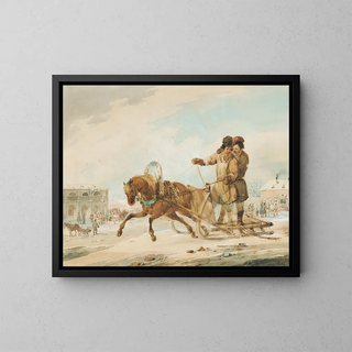 a Sledging Walk through a Russian Town - Karl Ivanovich Kollman — framed artwork on a wall