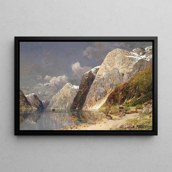 Large Fjord Landscape Painting - Karl Kaufmann — framed artwork on a wall