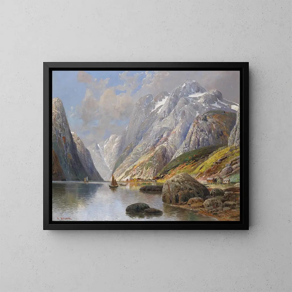 Landscape painting of Holmstedt Fjord - Karl Kaufmann — framed artwork on a wall