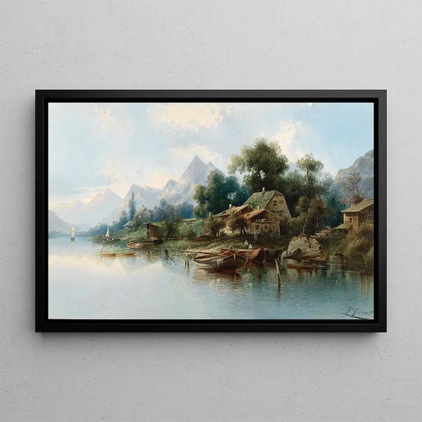 Mountain Lake Large Painting - Karl Kaufmann — framed artwork on a wall
