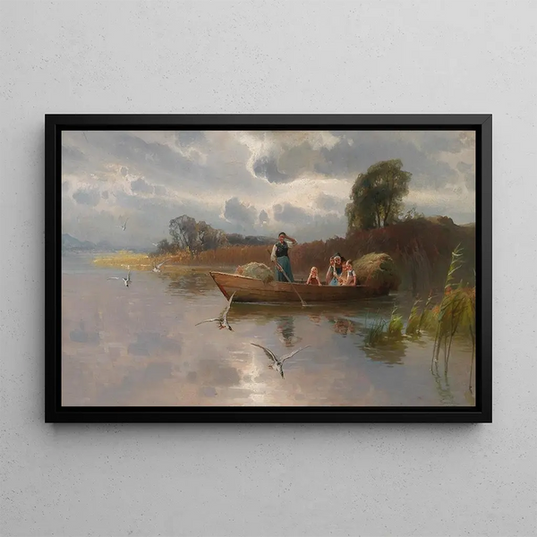 Hay boat on Lake Chiemsee - Karl Raupp — framed artwork on a wall