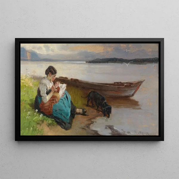 Mother with Child by the Lake - Karl Raupp — framed artwork on a wall