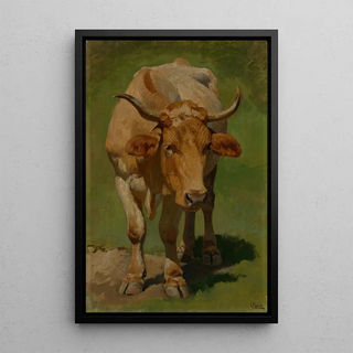 Spotted light brown and white cow - Karl Roux — framed artwork on a wall