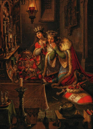 King Albert II and his wife Elisabeth of Luxembourg praying at the altar with the crowns of Bohemia and Hungary as well as the imperial crown of the Holy Roman Empire - Karl Russ — artwork view