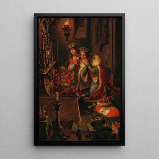 King Albert II and his wife Elisabeth of Luxembourg praying at the altar with the crowns of Bohemia and Hungary as well as the imperial crown of the Holy Roman Empire - Karl Russ — framed artwork on a wall