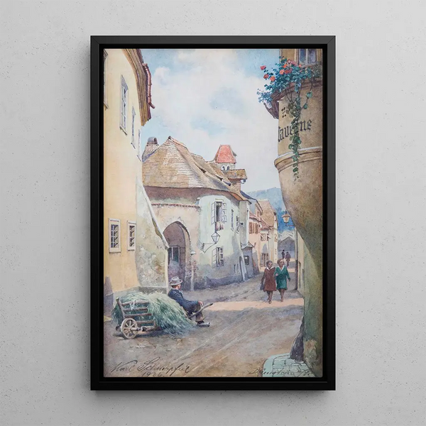 Street scene in Dürnstein - Karl Schnorpfeil — framed artwork on a wall