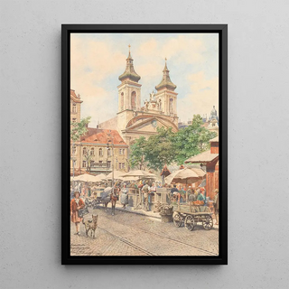 Vibrant Market Painting of Rochus next to Rochus Church on Landstraßer Hauptstraße - Karl Schnorpfeil — framed artwork on a wall