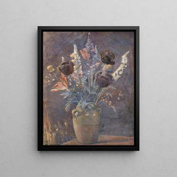Vase en argile avec tulipes et autres fleurs - Karl Schou — framed artwork on a wall