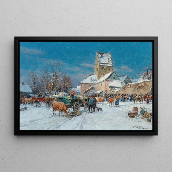 Market Scene in Winter - Karl Stuhlmüller — framed artwork on a wall