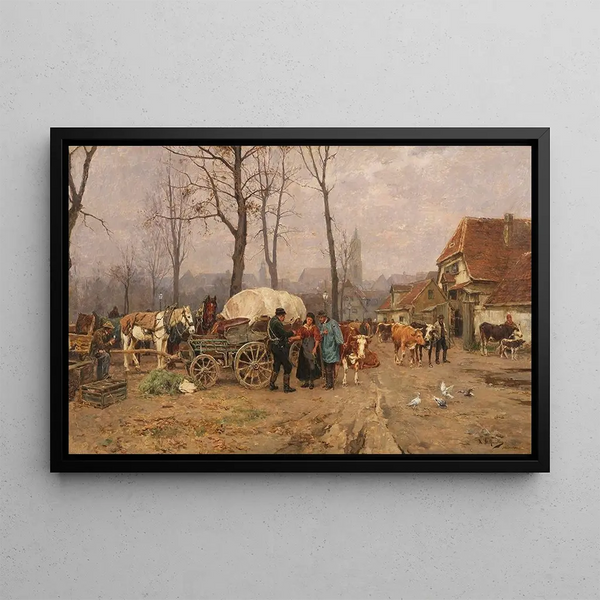 Autumn Livestock Market Painting - Karl Stuhlmüller — framed artwork on a wall