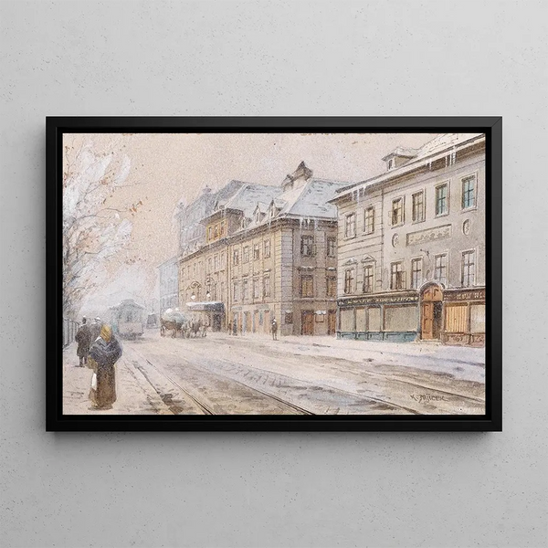 Theatre at the Vienna Court Opera in winter - Karl Wenzel Zajicek — framed artwork on a wall