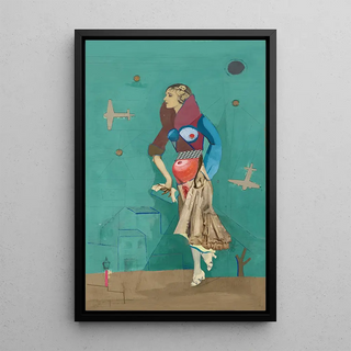Woman two planes bombs - Karl Wiener — framed artwork on a wall