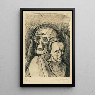 Portrait painting of a woman with a skull - Karl Wiener — framed artwork on a wall