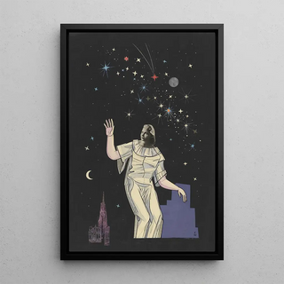 Untitled collage painting of woman, stars, and Saint-Étienne Cathedral - Karl Wiener — framed artwork on a wall