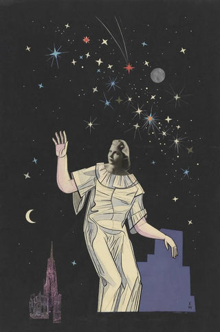 Untitled collage painting of woman, stars, and Saint-Étienne Cathedral - Karl Wiener — artwork view