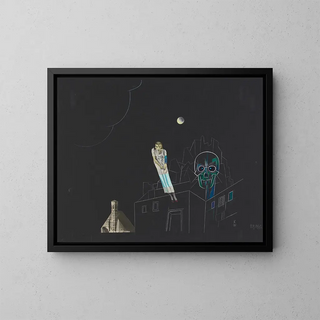 Untitled painting, collage of woman, moon and skull - Karl Wiener — framed artwork on a wall