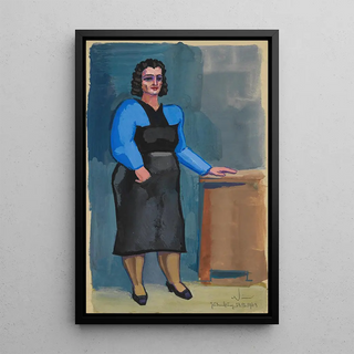 Untitled woman in blue blouse and black dress - Karl Wiener — framed artwork on a wall