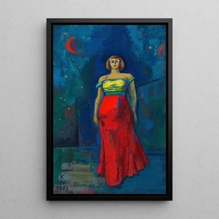 Untitled woman in yellow-red dress - Karl Wiener — framed artwork on a wall