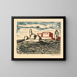 Untitled Painting, house in the landscape - Karl Wiener — framed artwork on a wall