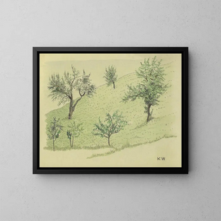 Untitled painting, deciduous trees on a hill - Karl Wiener — framed artwork on a wall
