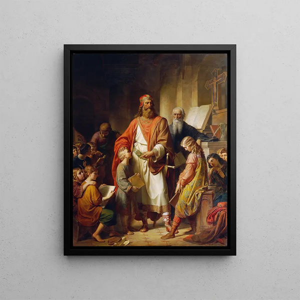 Charlemagne reprimands the negligent students - Karl von Blaas — framed artwork on a wall