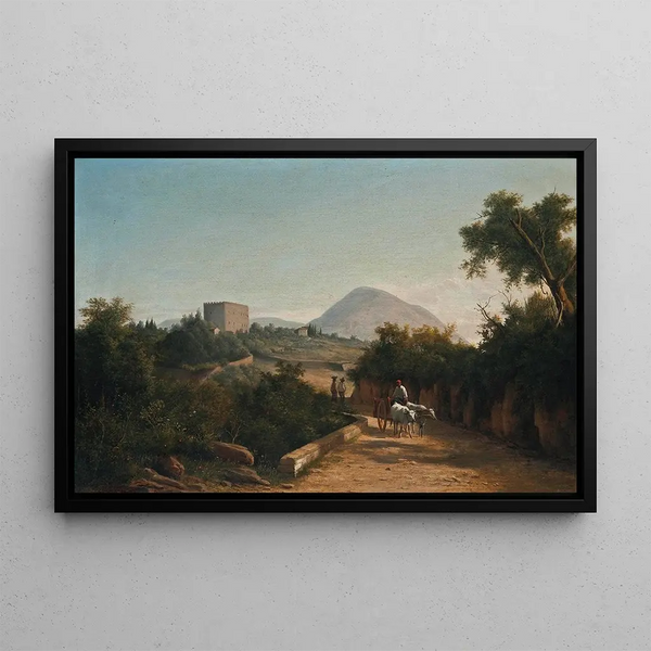 Voyageurs sur une route de campagne italienne - Károly Markó le Jeune — framed artwork on a wall
