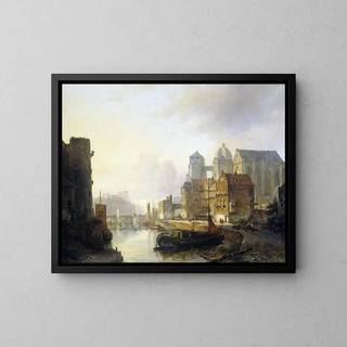 Vue imaginaire d'une ville au bord de l'eau avec la cathédrale d'Aix-la-Chapelle - Kasparus Karsen — framed artwork on a wall