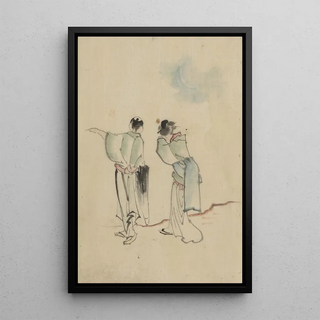 a man and a woman seen from behind looking at where the man points with his left arm - Katsushika Hokusai — framed artwork on a wall