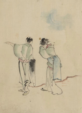 a man and a woman seen from behind looking at where the man points with his left arm - Katsushika Hokusai — artwork view