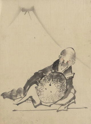 Katsushika Hokusai - A monk reclining holding a large conical hat in front of him with view of Mount Fuji in the background.webp