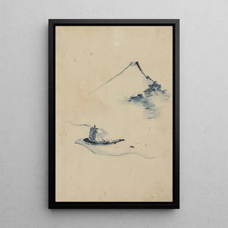 a person in a small boat on a river with Mount Fuji in the background - Katsushika Hokusai — framed artwork on a wall