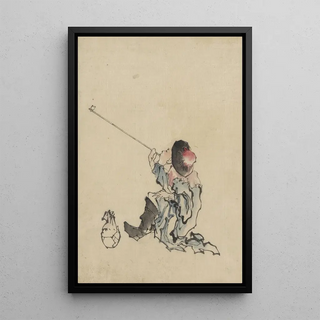 a seated traveler, wearing a dress, boots, and a rounded conical hat, smoking a long pipe - Katsushika Hokusai — framed artwork on a wall