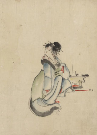 a woman, perhaps a courtesan, seated facing right, her head turned to look over her right shoulder, wearing several hairpins - Katsushika Hokusai — artwork view