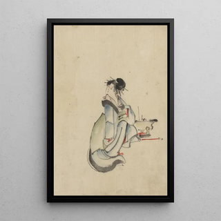 a woman, perhaps a courtesan, seated facing right, her head turned to look over her right shoulder, wearing several hairpins - Katsushika Hokusai — framed artwork on a wall