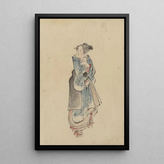 a woman walking to the right, full-length portrait turned to the left, wearing a kimono and geta - Katsushika Hokusai — framed artwork on a wall