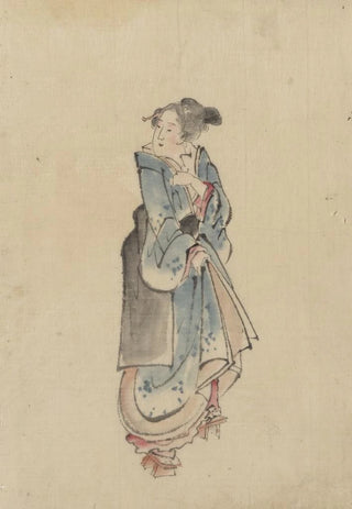 a woman walking to the right, full-length portrait turned to the left, wearing a kimono and geta - Katsushika Hokusai — artwork view