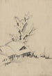 Buildings and large tree by the water with two boats anchored offshore - Katsushika Hokusai — artwork view