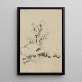 Katsushika Hokusai - Buildings and large tree on the waterfront with two boats anchored offshore.webp