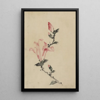 Large pink flower painting on a stem with three additional buds - Katsushika Hokusai — framed artwork on a wall