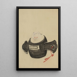 Mouse sitting face on a mallet with a red ribbon passing through a hole in the handle - Katsushika Hokusai — framed artwork on a wall