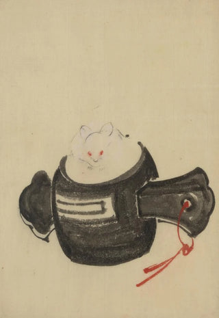 Mouse sitting face on a mallet with a red ribbon passing through a hole in the handle - Katsushika Hokusai — artwork view