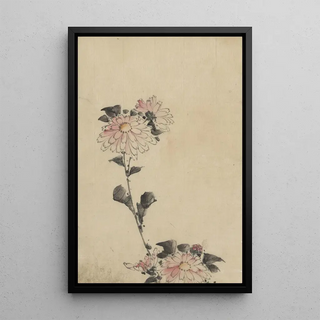 Roses flowers on a low stem and two on a high stem - Katsushika Hokusai — framed artwork on a wall