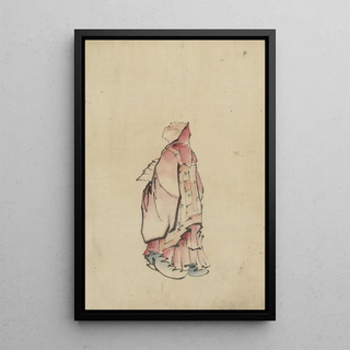 Side view of a monk standing, left profile portrait, wearing a robe with a hood - Katsushika Hokusai — framed artwork on a wall