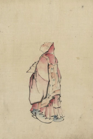 Side view of a monk standing, left profile portrait, wearing a robe with a hood - Katsushika Hokusai — artwork view